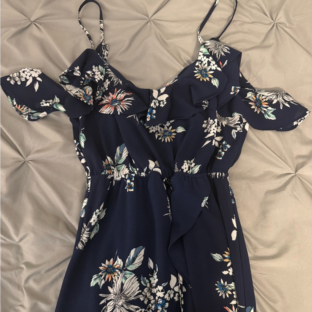 Navy Blue Floral Ruffle Maxi Dress – Cold Shoulder, Tie Waist